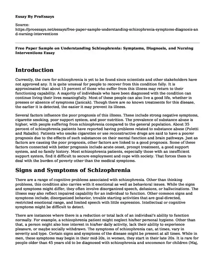 Free Paper Sample on Understanding Schizophrenia: Symptoms, Diagnosis, and Nursing Interventions