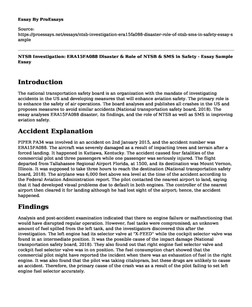 NTSB Investigation: ERA15FA088 Disaster & Role of NTSB & SMS in Safety - Essay Sample