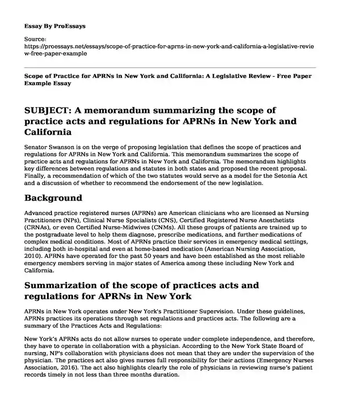 Scope of Practice for APRNs in New York and California: A Legislative Review - Free Paper Example