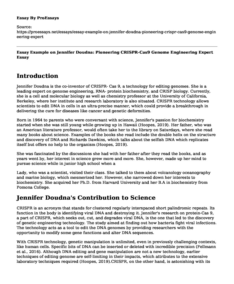 Essay Example on Jennifer Doudna: Pioneering CRISPR-Cas9 Genome Engineering Expert