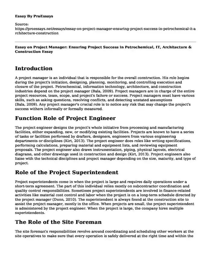 Essay on Project Manager: Ensuring Project Success in Petrochemical, IT, Architecture & Construction