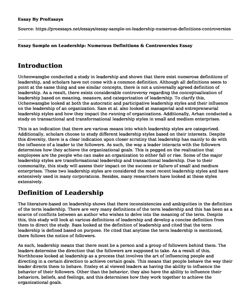 Essay Sample on Leadership: Numerous Definitions & Controversies