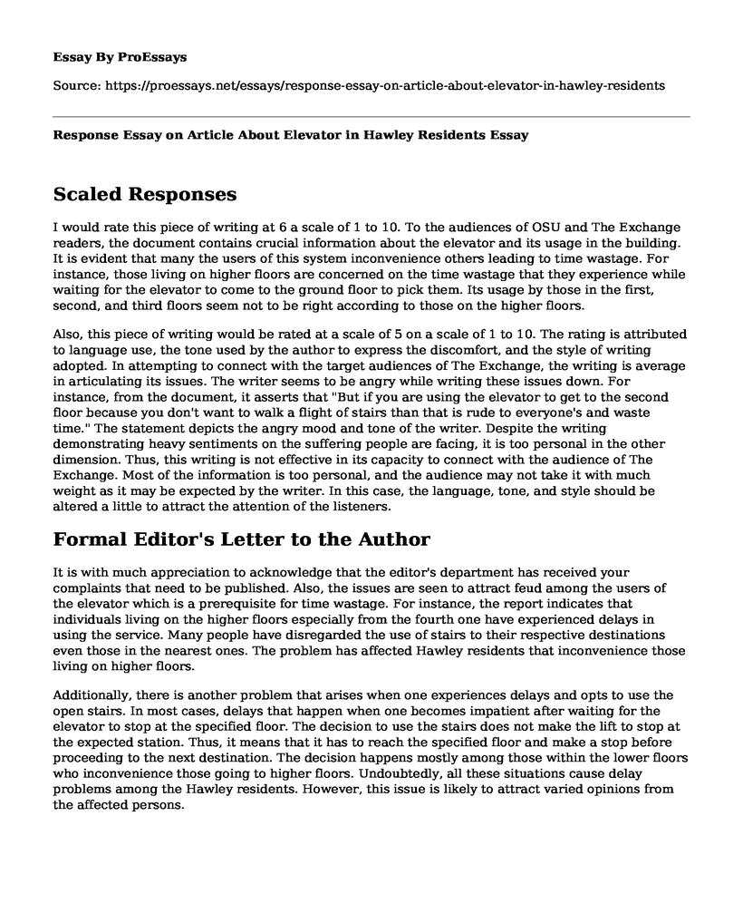 Response Essay on Article About Elevator in Hawley Residents