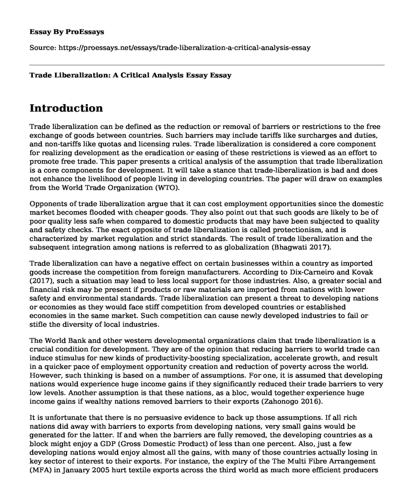 Trade Liberalization: A Critical Analysis Essay