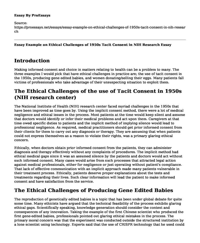 Essay Example on Ethical Challenges of 1950s Tacit Consent in NIH Research