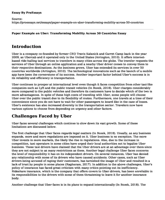 Paper Example on Uber: Transforming Mobility Across 50 Countries