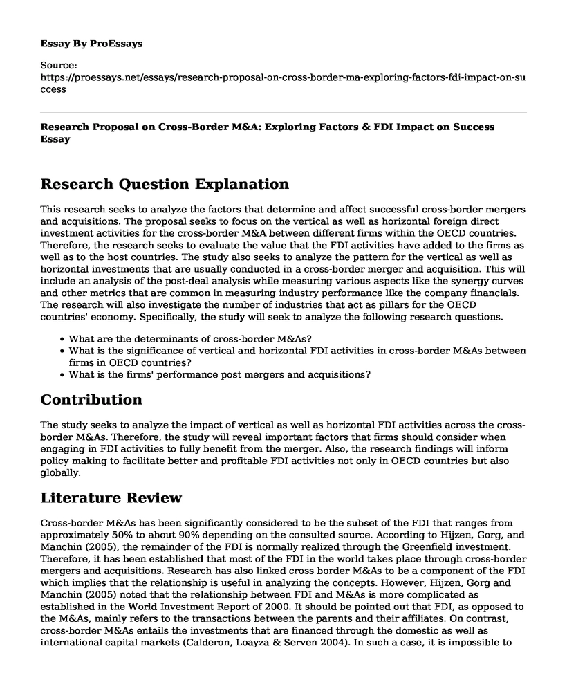 Research Proposal on Cross-Border M&A: Exploring Factors & FDI Impact on Success