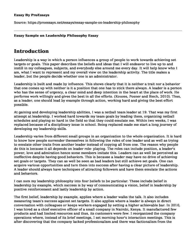 Essay Sample on Leadership Philosophy