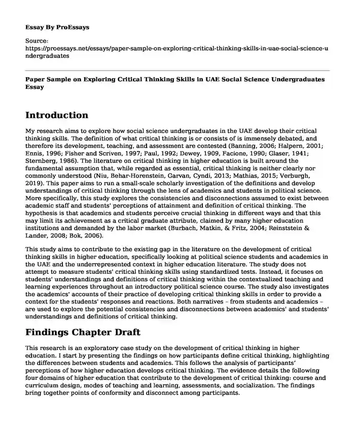 Paper Sample on Exploring Critical Thinking Skills in UAE Social Science Undergraduates