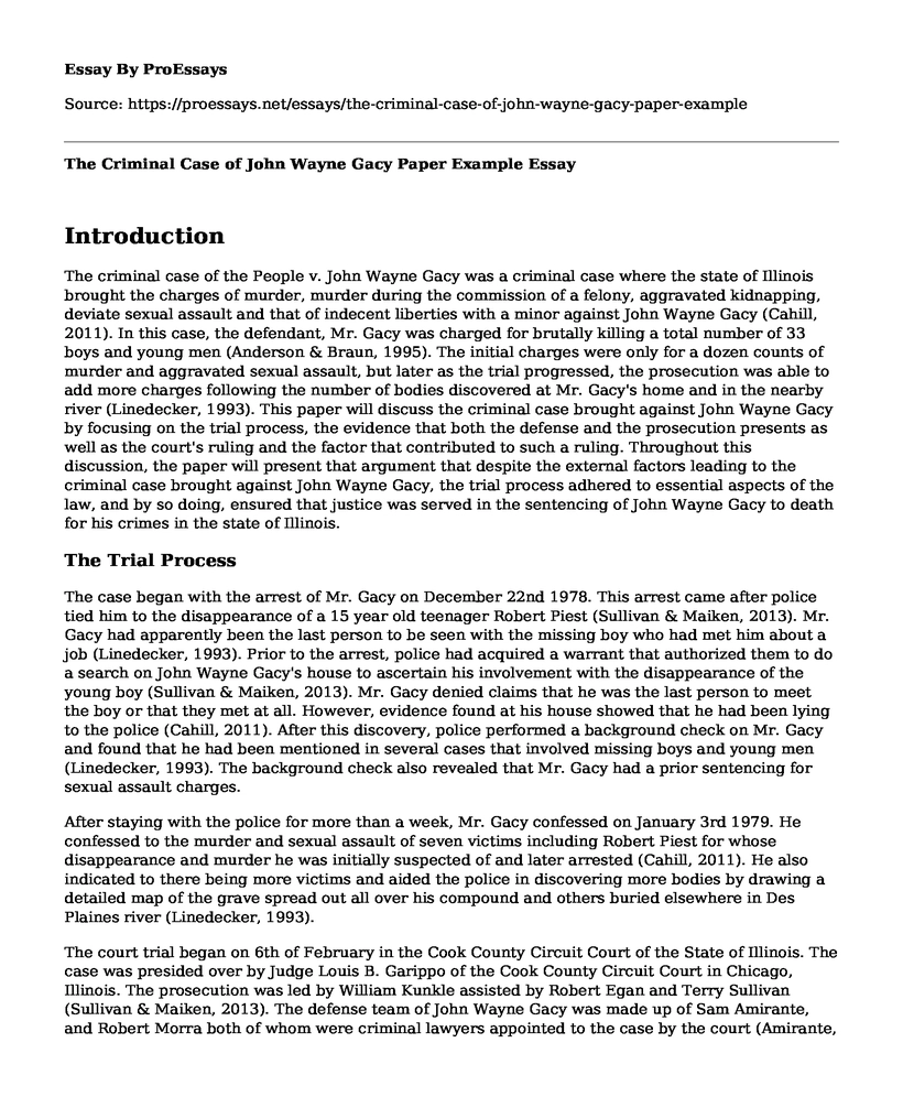 The Criminal Case of John Wayne Gacy Paper Example