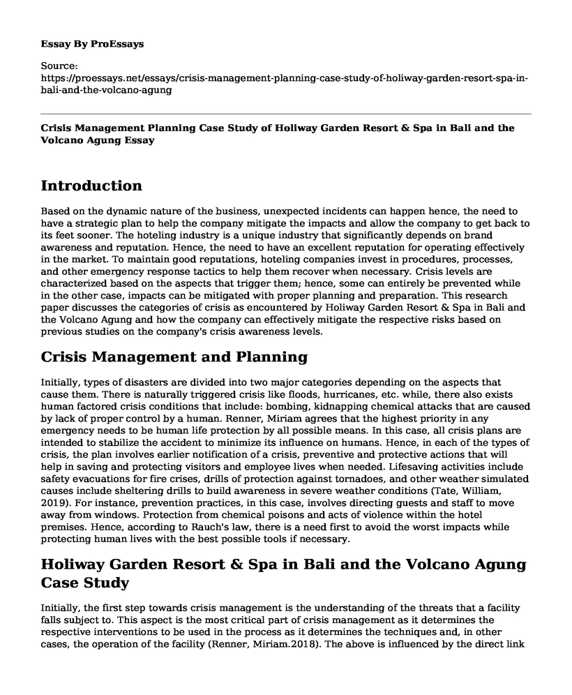 Crisis Management Planning Case Study of Holiway Garden Resort & Spa in Bali and the Volcano Agung