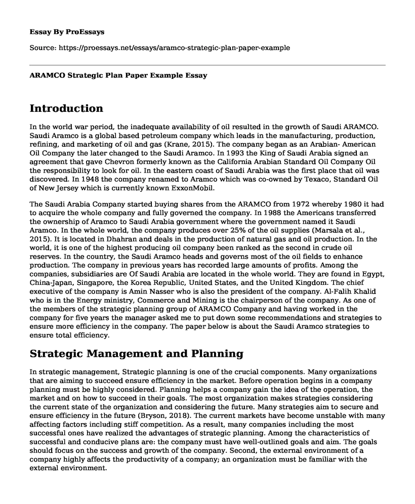 ARAMCO Strategic Plan Paper Example