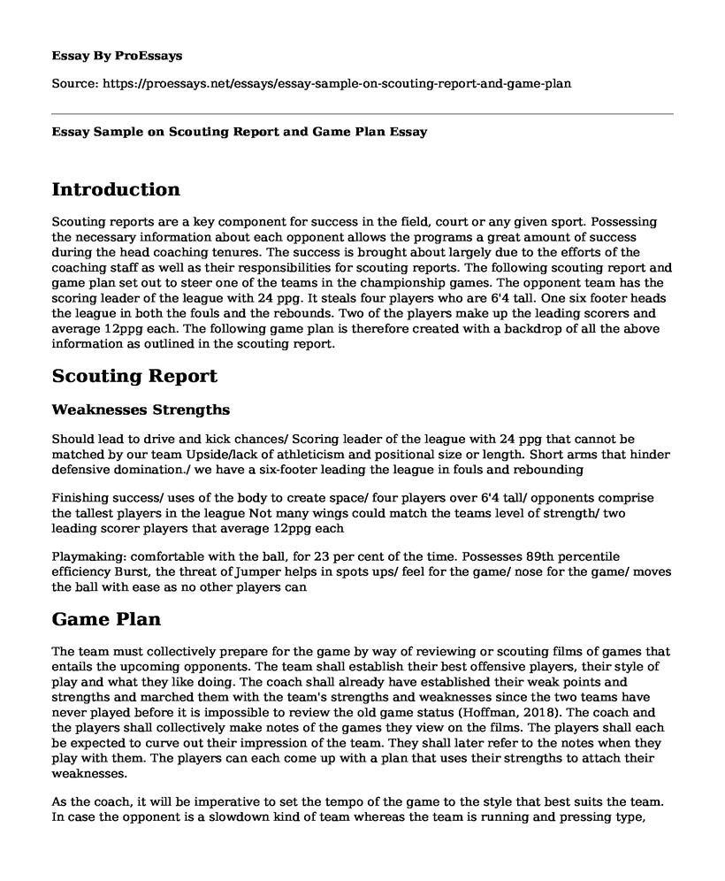 Essay Sample on Scouting Report and Game Plan