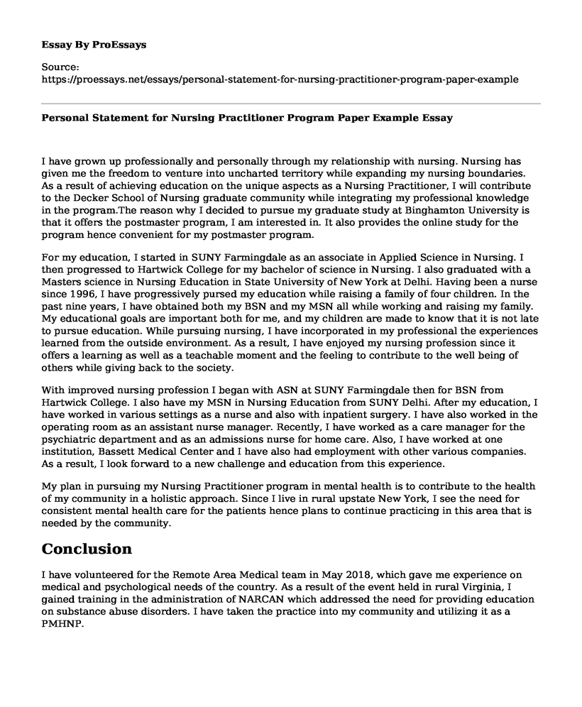 Personal Statement for Nursing Practitioner Program Paper Example