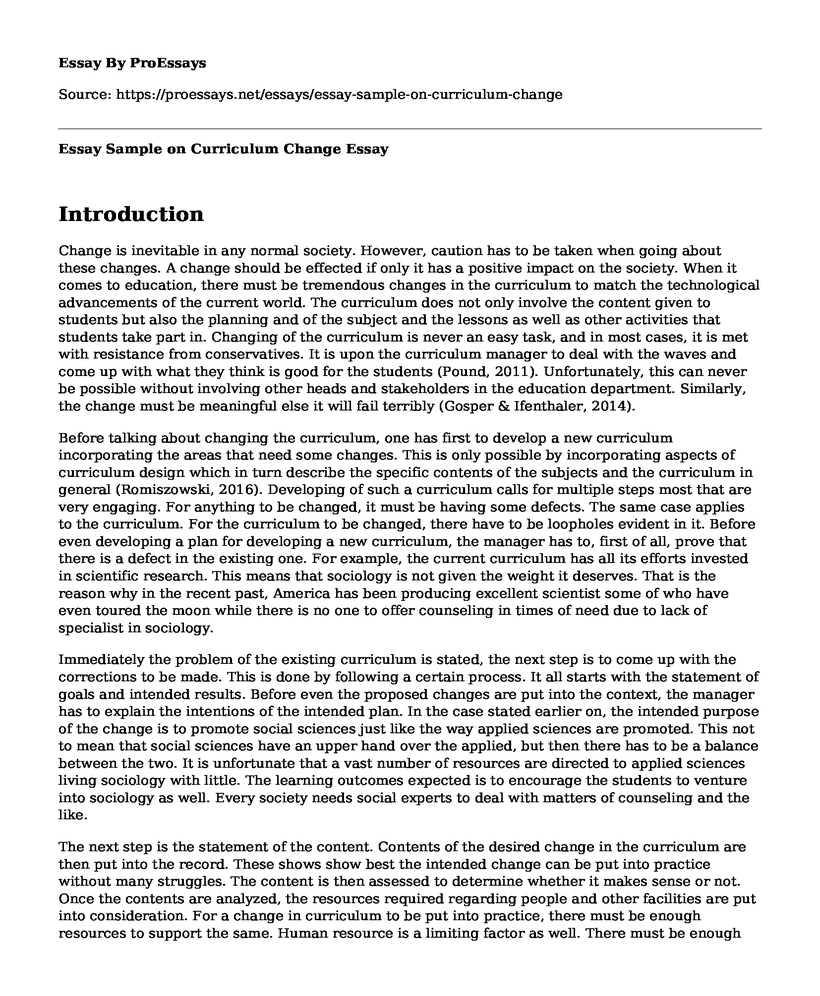 Essay Sample on Curriculum Change