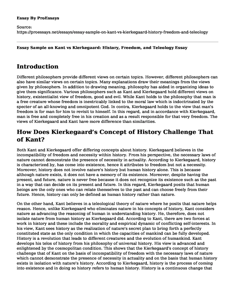 Essay Sample on Kant vs Kierkegaard: History, Freedom, and Teleology