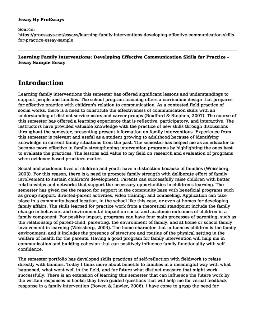 Learning Family Interventions: Developing Effective Communication Skills for Practice - Essay Sample