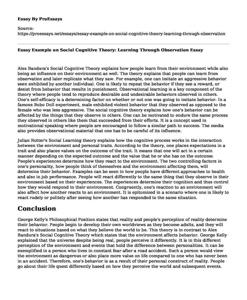 Essay Example on Social Cognitive Theory: Learning Through Observation
