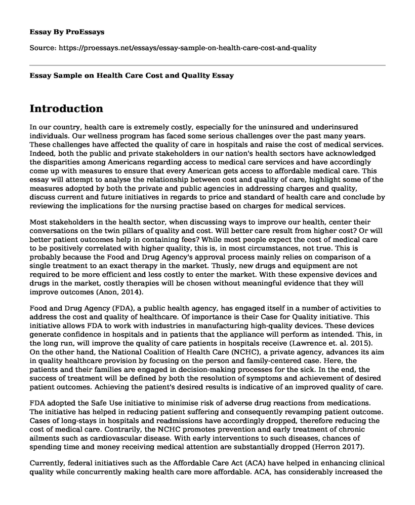 Essay Sample on Health Care Cost and Quality