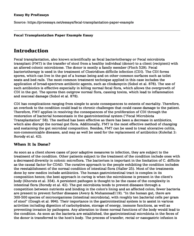 Fecal Transplantation Paper Example