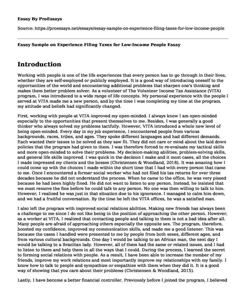 Essay Sample on Experience Filing Taxes for Low-Income People