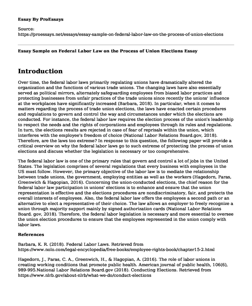 Essay Sample on Federal Labor Law on the Process of Union Elections