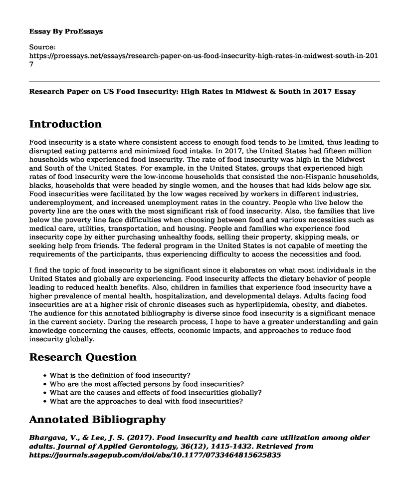 Research Paper on US Food Insecurity: High Rates in Midwest & South in 2017