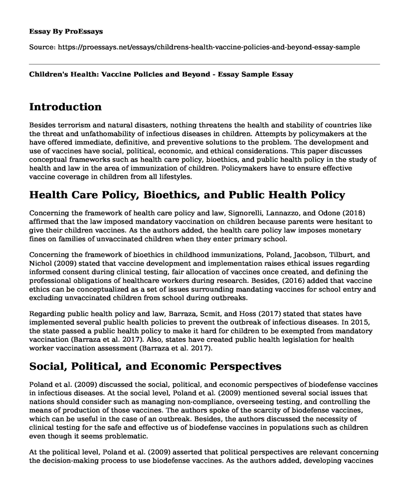 Children's Health: Vaccine Policies and Beyond - Essay Sample