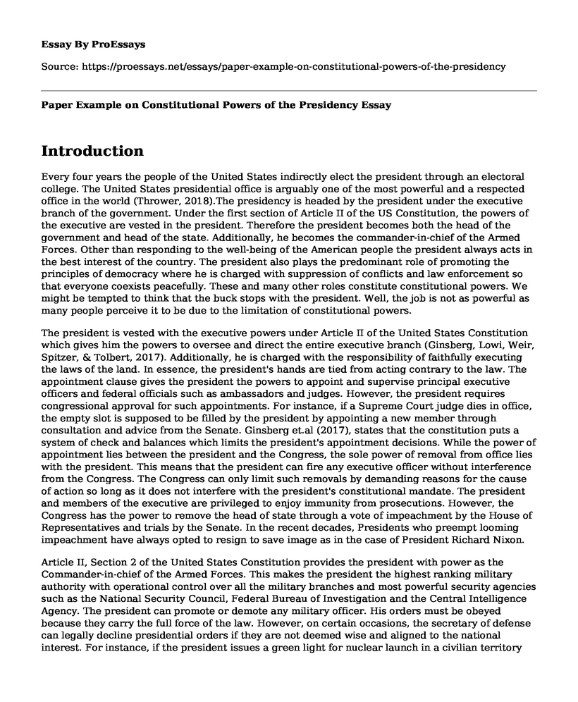 Paper Example on Constitutional Powers of the Presidency