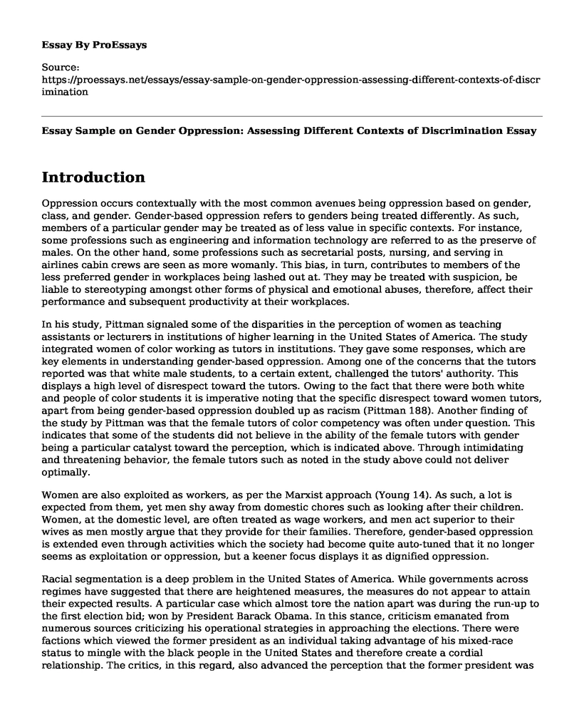 Essay Sample on Gender Oppression: Assessing Different Contexts of Discrimination
