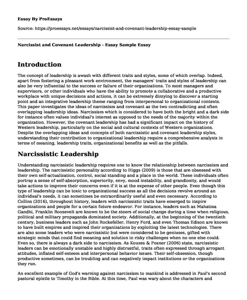 Narcissist and Covenant Leadership - Essay Sample