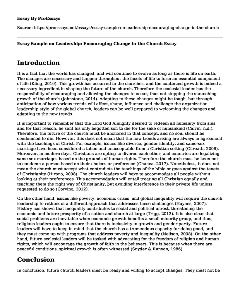 Essay Sample on Leadership: Encouraging Change in the Church