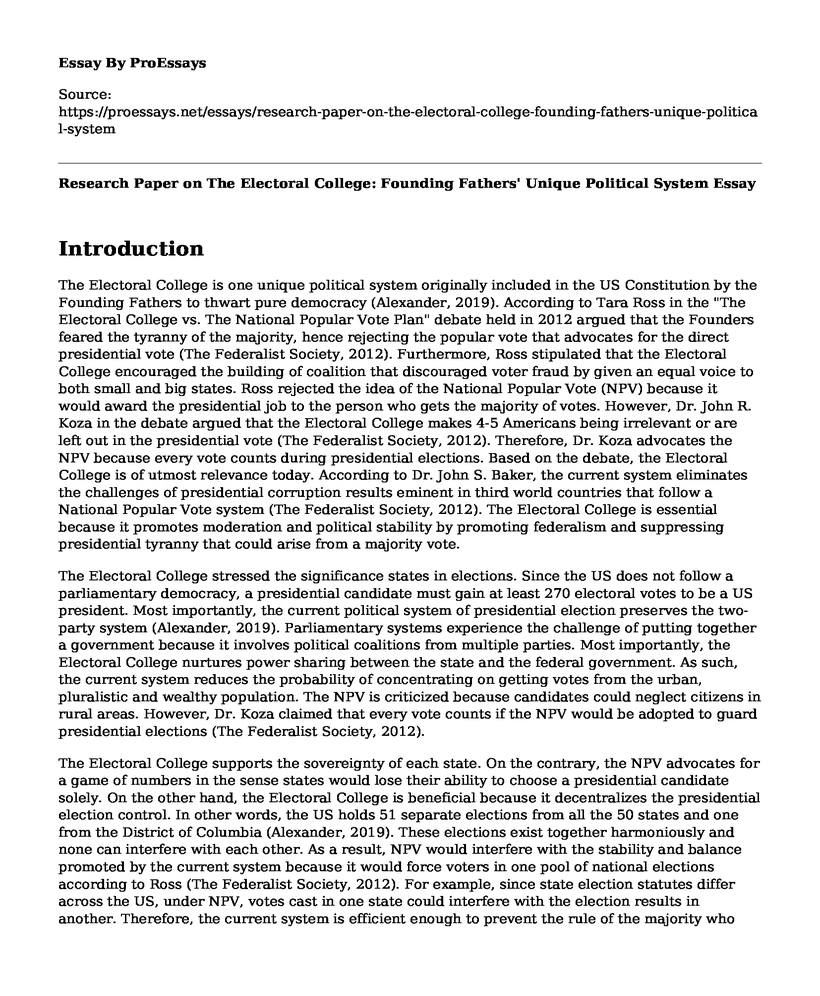 Research Paper on The Electoral College: Founding Fathers' Unique Political System