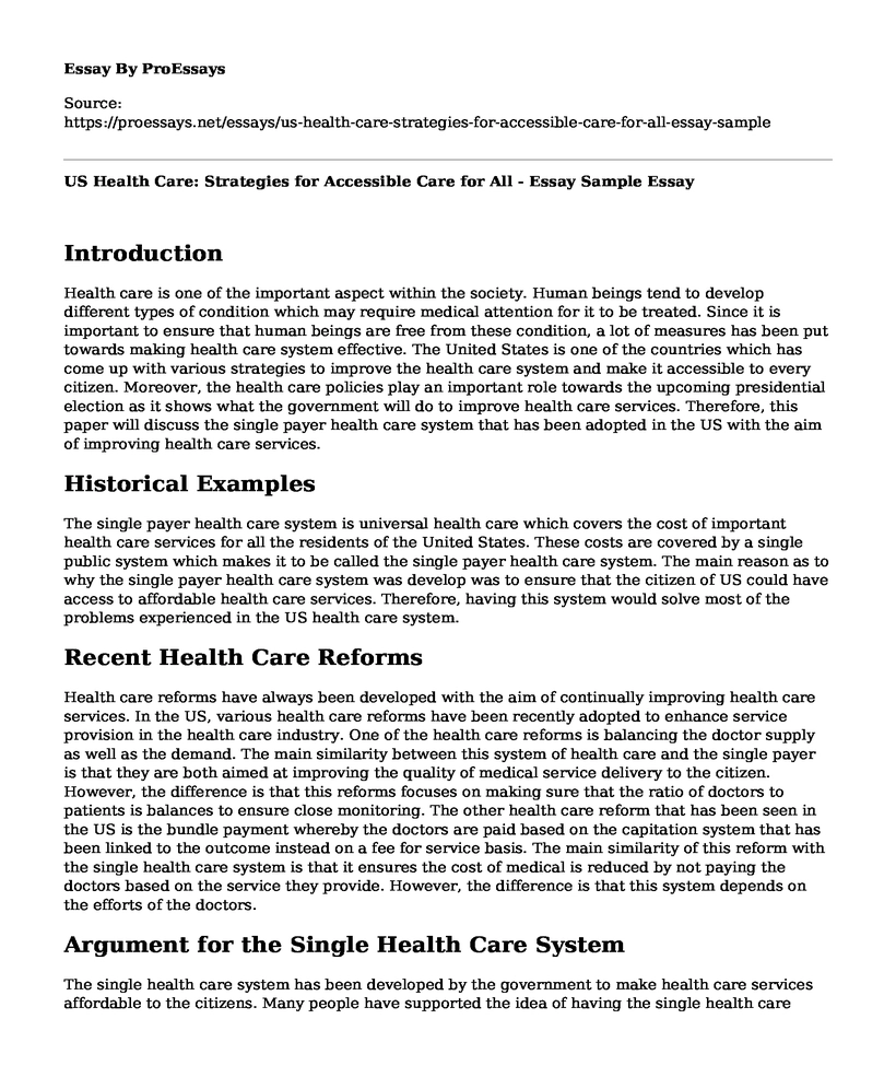 US Health Care: Strategies for Accessible Care for All - Essay Sample