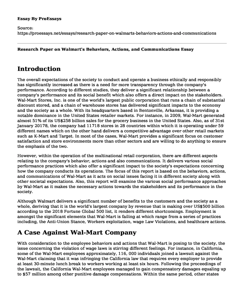 Research Paper on Walmart's Behaviors, Actions, and Communications