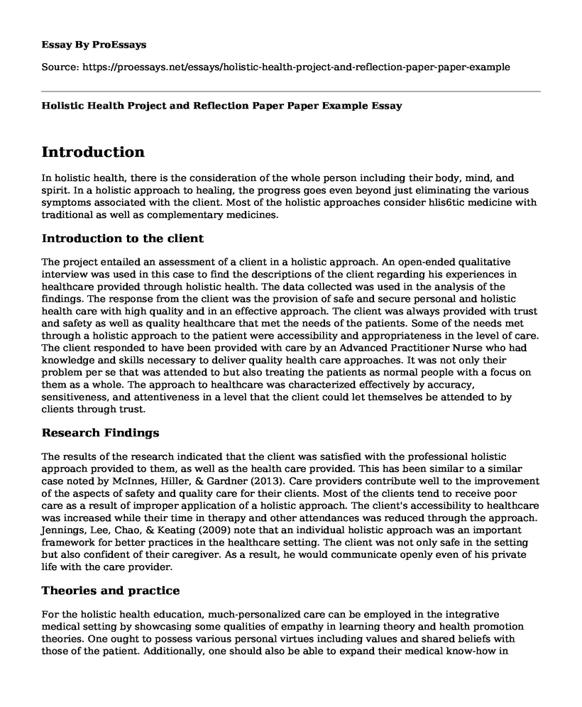 Holistic Health Project and Reflection Paper Paper Example