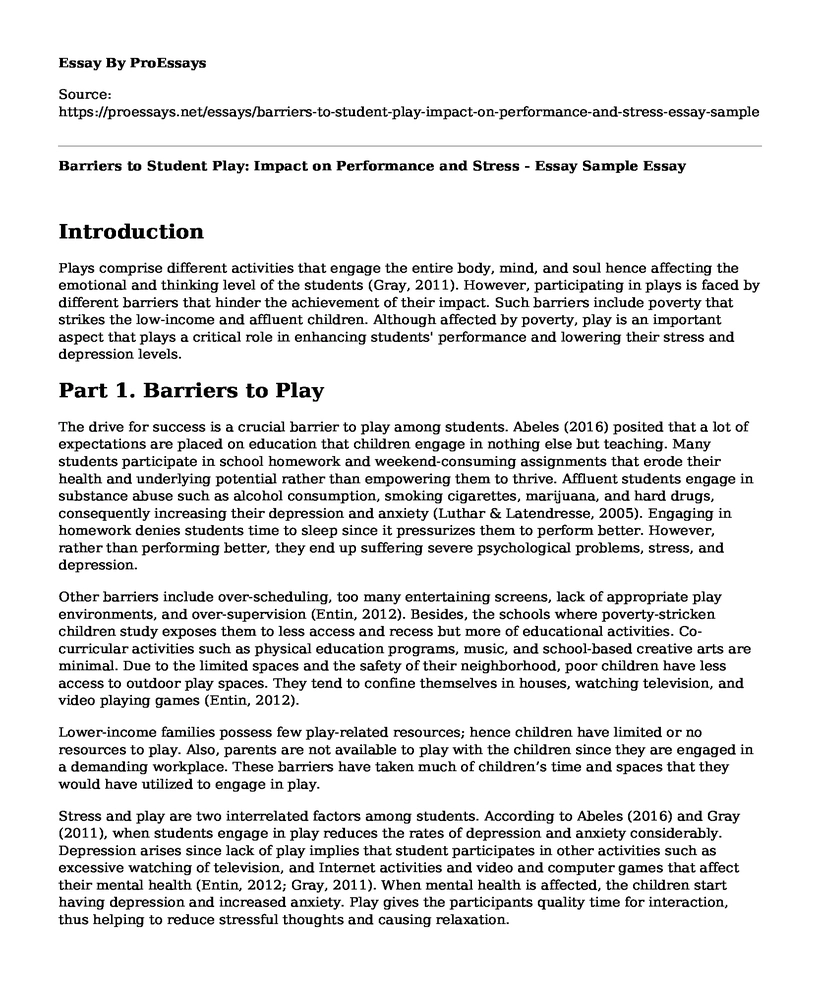 Barriers to Student Play: Impact on Performance and Stress - Essay Sample