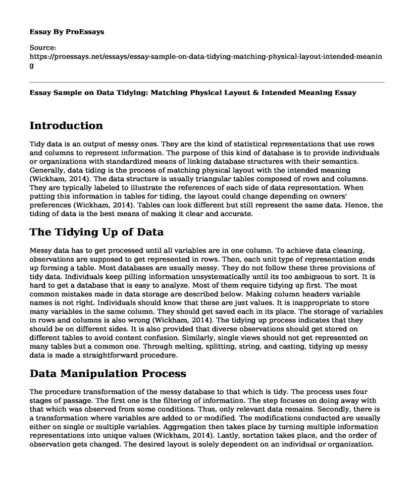 Essay Sample on Data Tidying: Matching Physical Layout & Intended Meaning