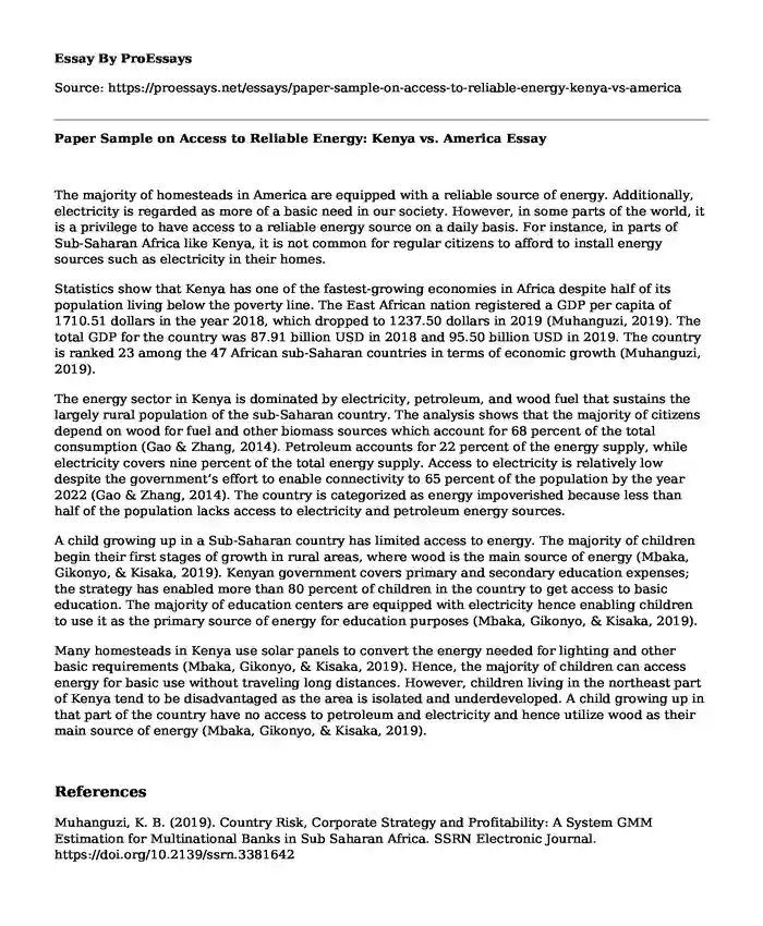 Paper Sample on Access to Reliable Energy: Kenya vs. America