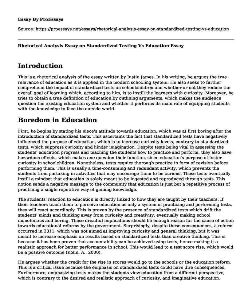 Rhetorical Analysis Essay on Standardized Testing Vs Education