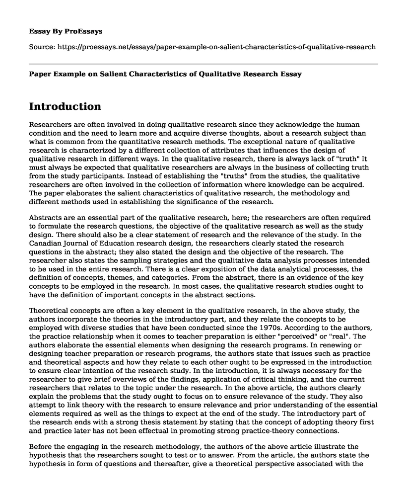 Paper Example on Salient Characteristics of Qualitative Research