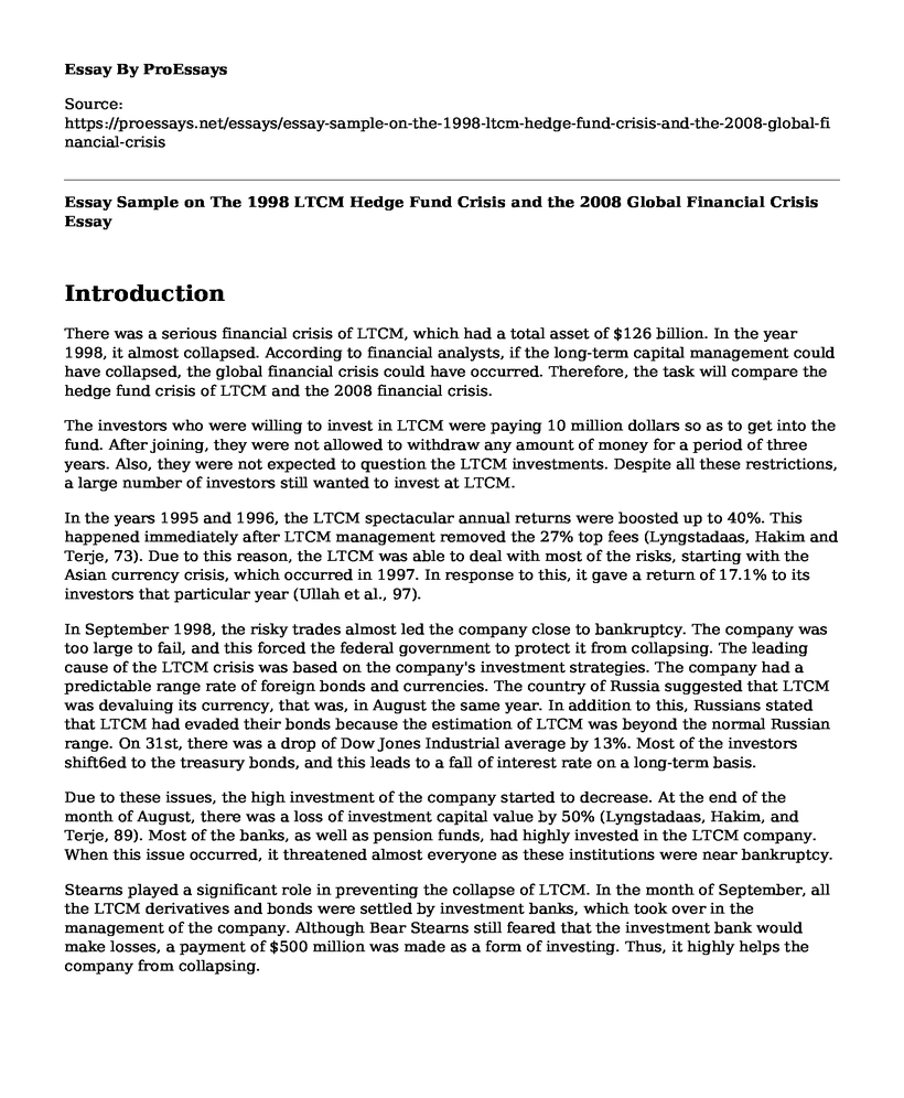 Essay Sample on The 1998 LTCM Hedge Fund Crisis and the 2008 Global Financial Crisis