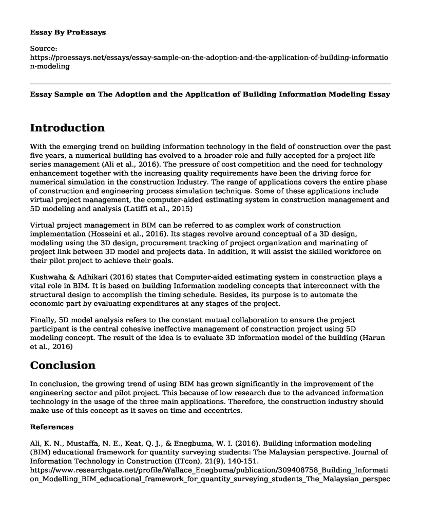 Essay Sample on The Adoption and the Application of Building Information Modeling 