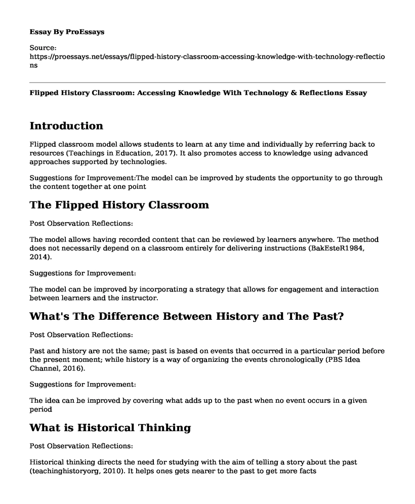 Flipped History Classroom: Accessing Knowledge With Technology & Reflections