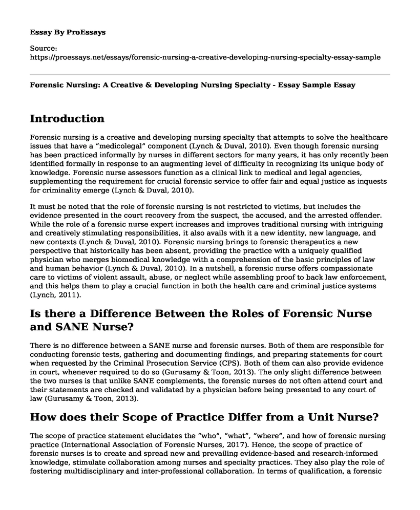 Forensic Nursing: A Creative & Developing Nursing Specialty - Essay Sample