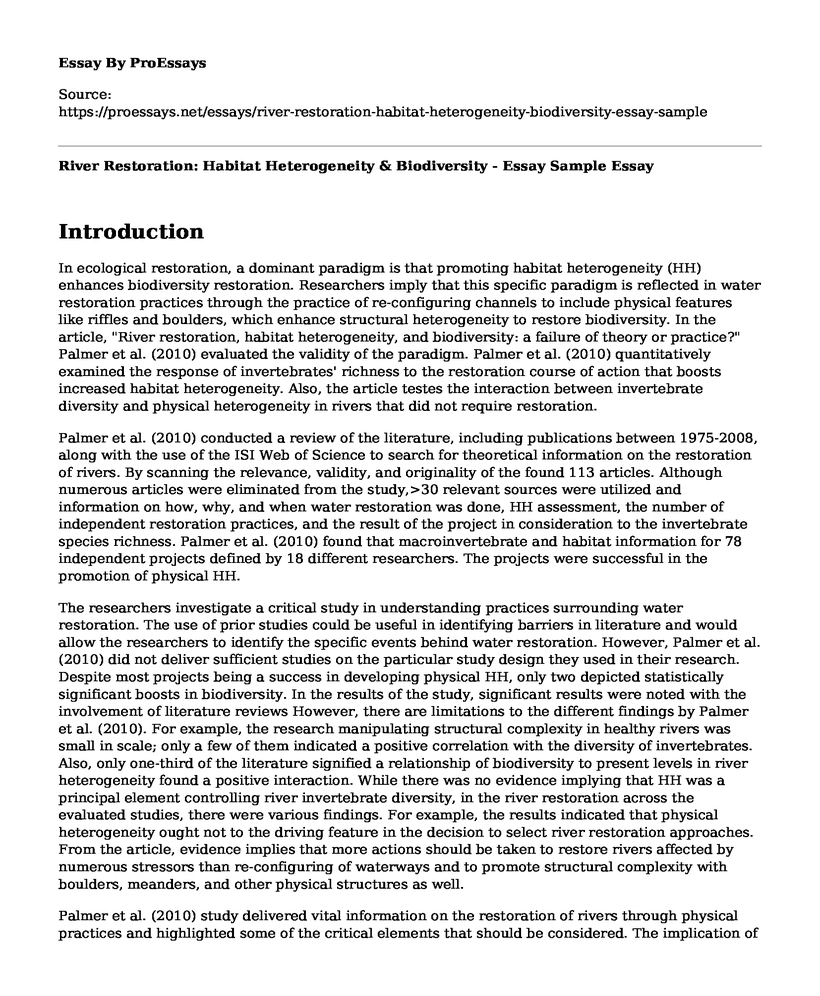 River Restoration: Habitat Heterogeneity & Biodiversity - Essay Sample