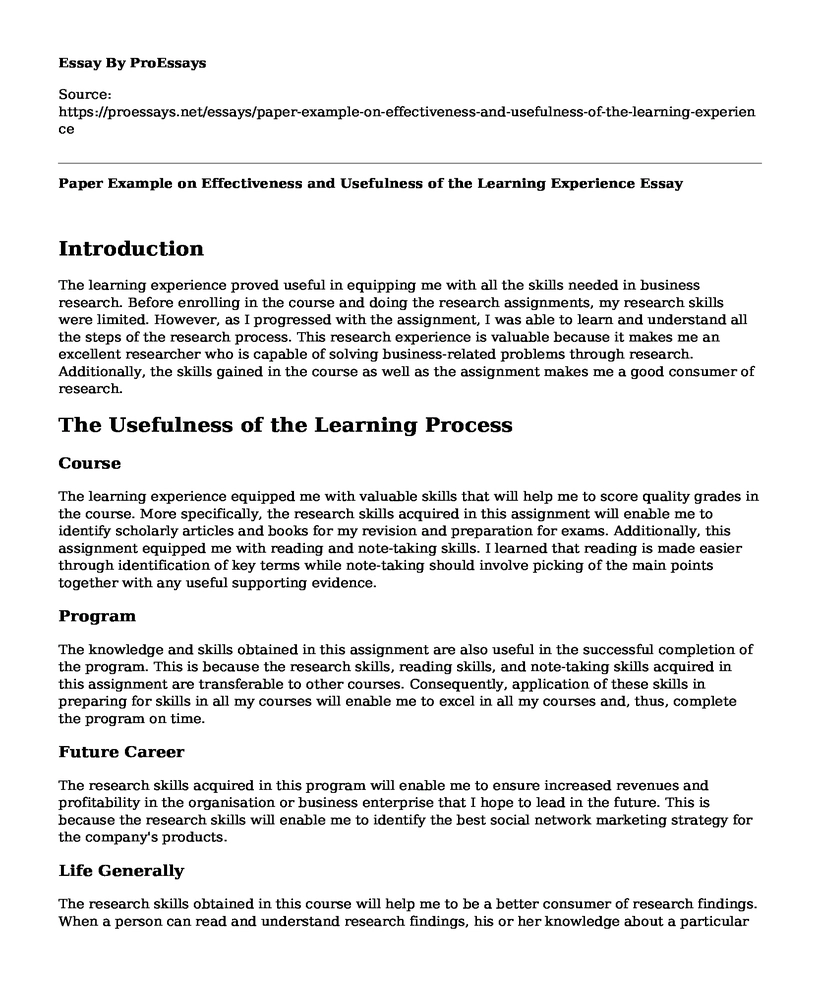 Paper Example on Effectiveness and Usefulness of the Learning Experience