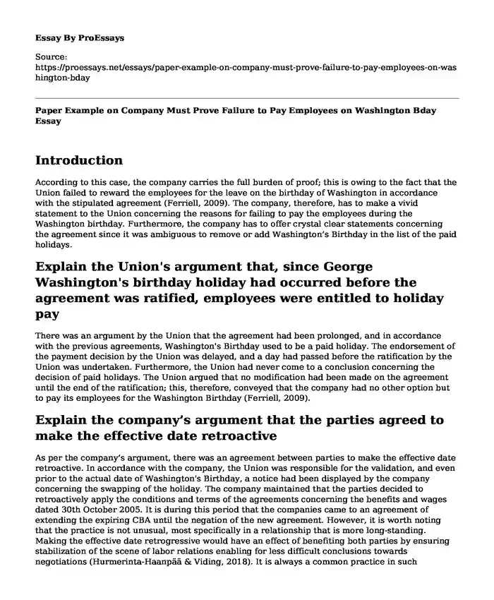 Paper Example on Company Must Prove Failure to Pay Employees on Washington Bday