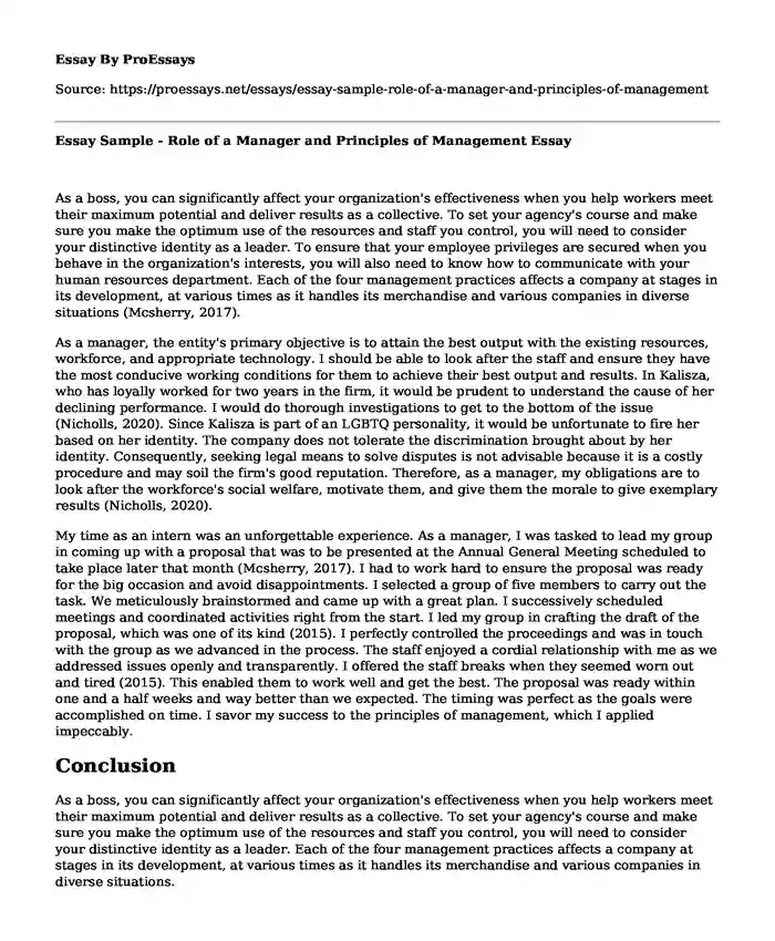 Essay Sample - Role of a Manager and Principles of Management