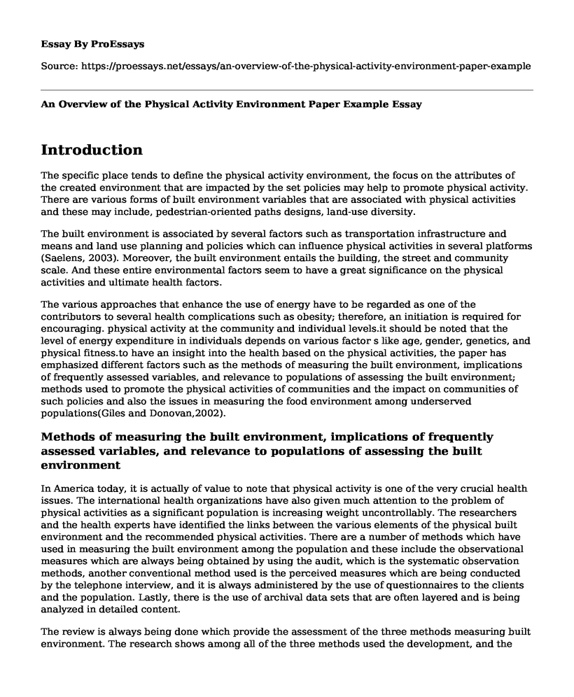 An Overview of the Physical Activity Environment Paper Example